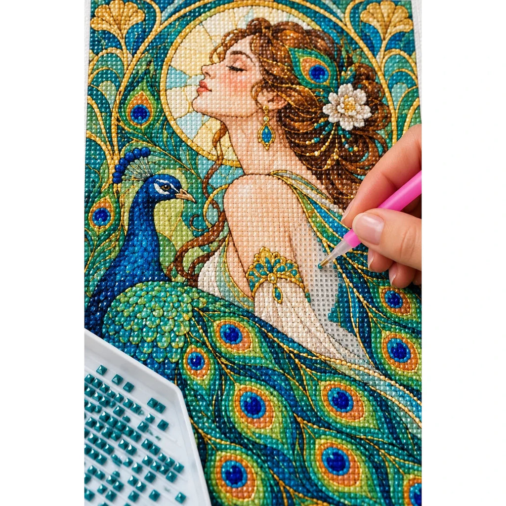Art Nouveau Peacock Lady Diamond Painting Kit — diamond painting application process