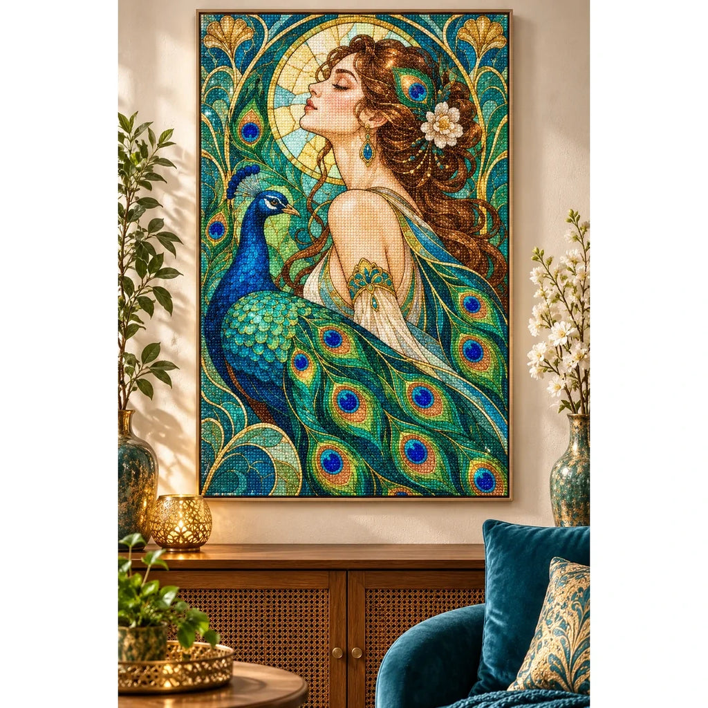 Art Nouveau Peacock Lady Diamond Painting Kit — finished diamond painting in a home setting