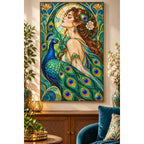 Art Nouveau Peacock Lady Diamond Painting Kit — finished diamond painting in a home setting