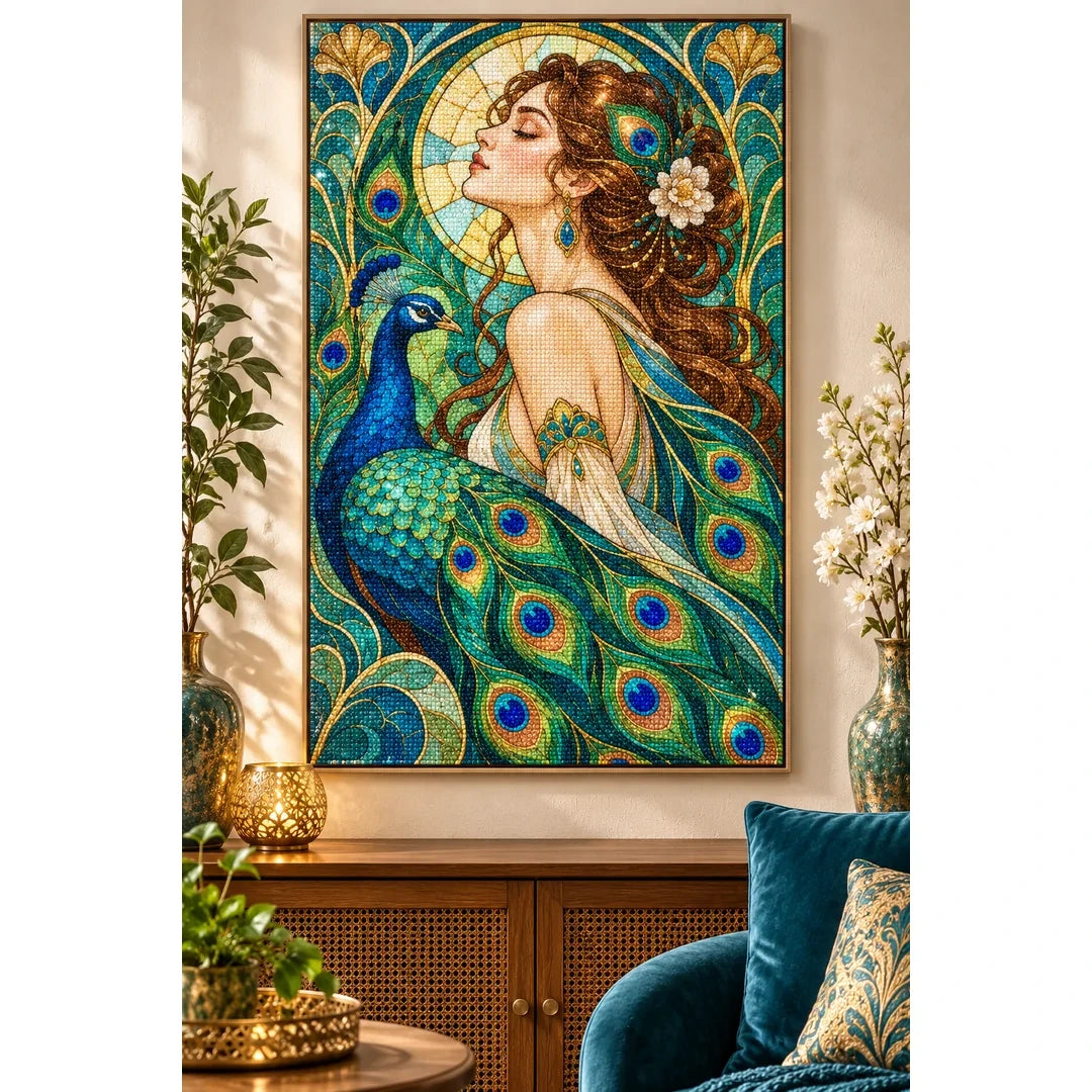 Art Nouveau Peacock Lady Diamond Painting Kit — finished diamond painting in a home setting