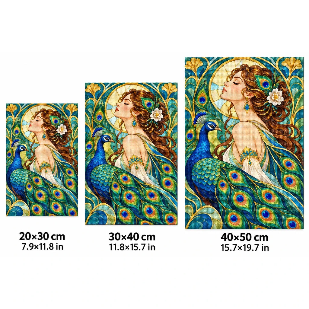 Art Nouveau Peacock Lady Diamond Painting Kit — 20 by 30, 30 by 40, and 40 by 50 centimeter size guide