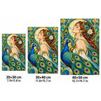 Art Nouveau Peacock Lady Diamond Painting Kit — 20 by 30, 30 by 40, and 40 by 50 centimeter size guide