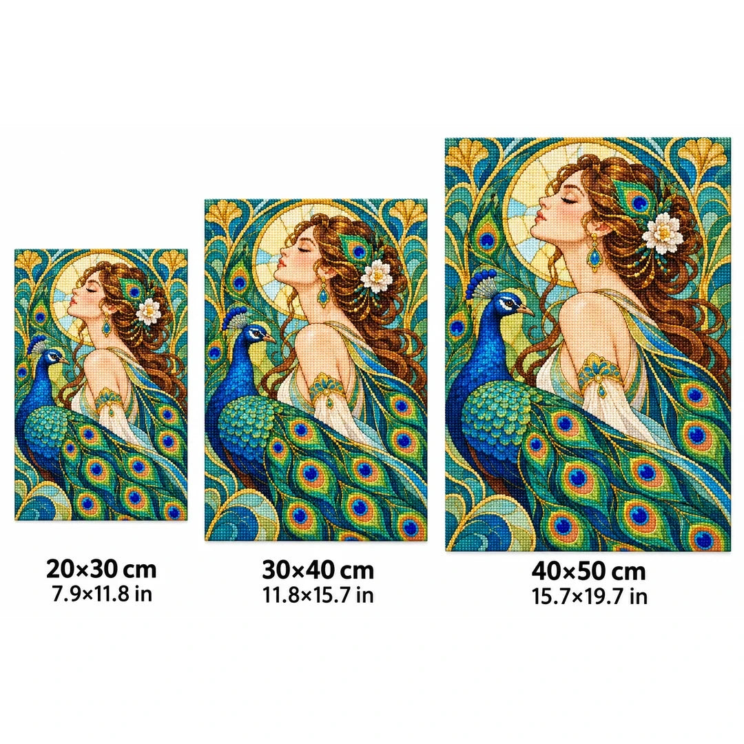 Art Nouveau Peacock Lady Diamond Painting Kit — 20 by 30, 30 by 40, and 40 by 50 centimeter size guide