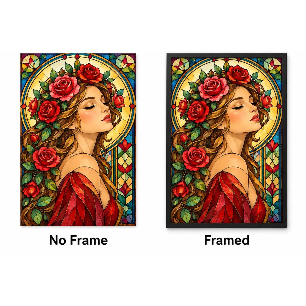 Art Nouveau Rose Lady Diamond Painting Kit — No Frame and Framed style comparison