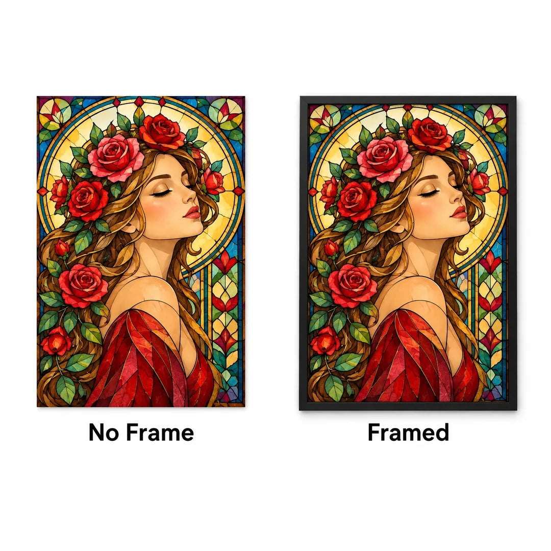 Art Nouveau Rose Lady Diamond Painting Kit — No Frame and Framed style comparison
