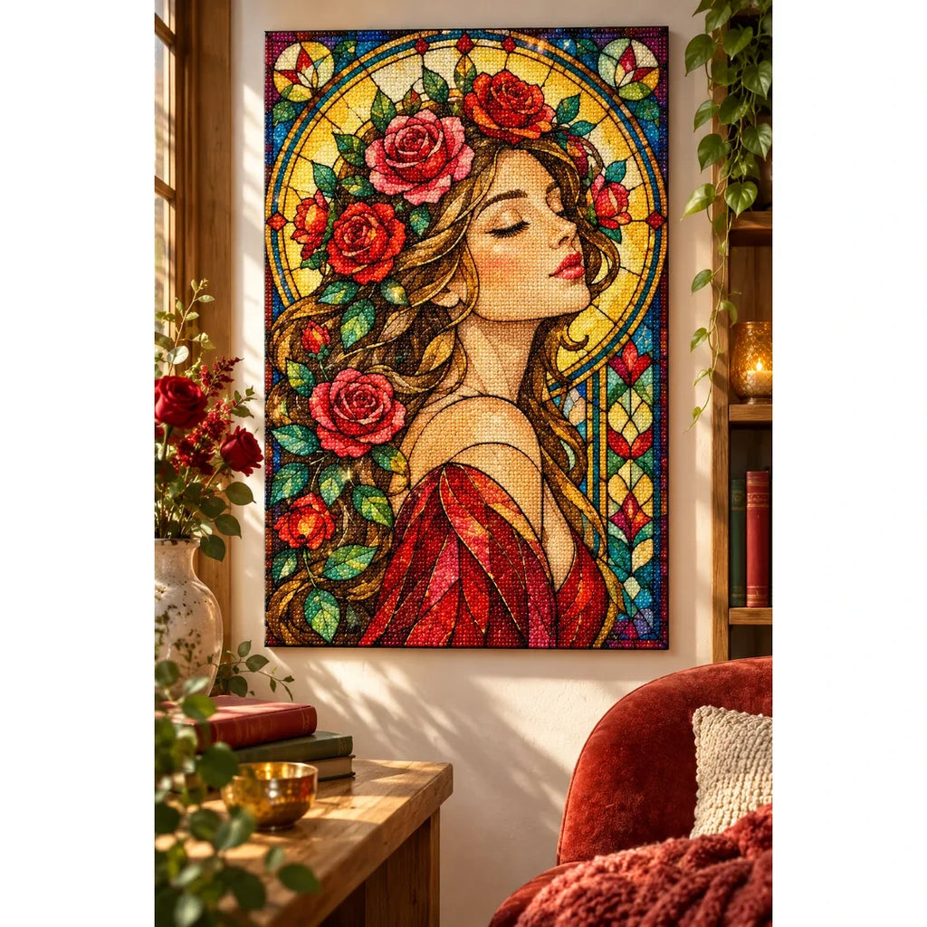 Art Nouveau Rose Lady Diamond Painting Kit — finished diamond painting in a home setting