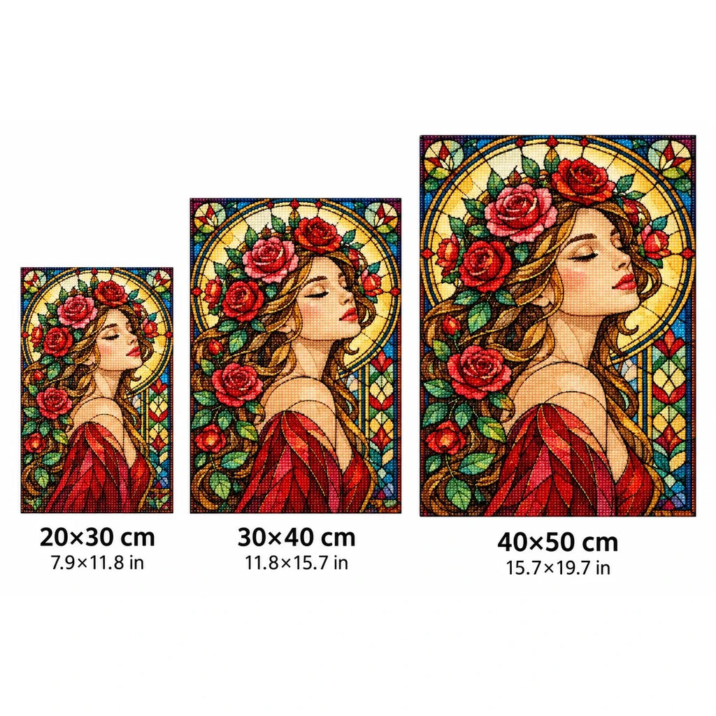 Art Nouveau Rose Lady Diamond Painting Kit — 20 by 30, 30 by 40, and 40 by 50 centimeter size guide