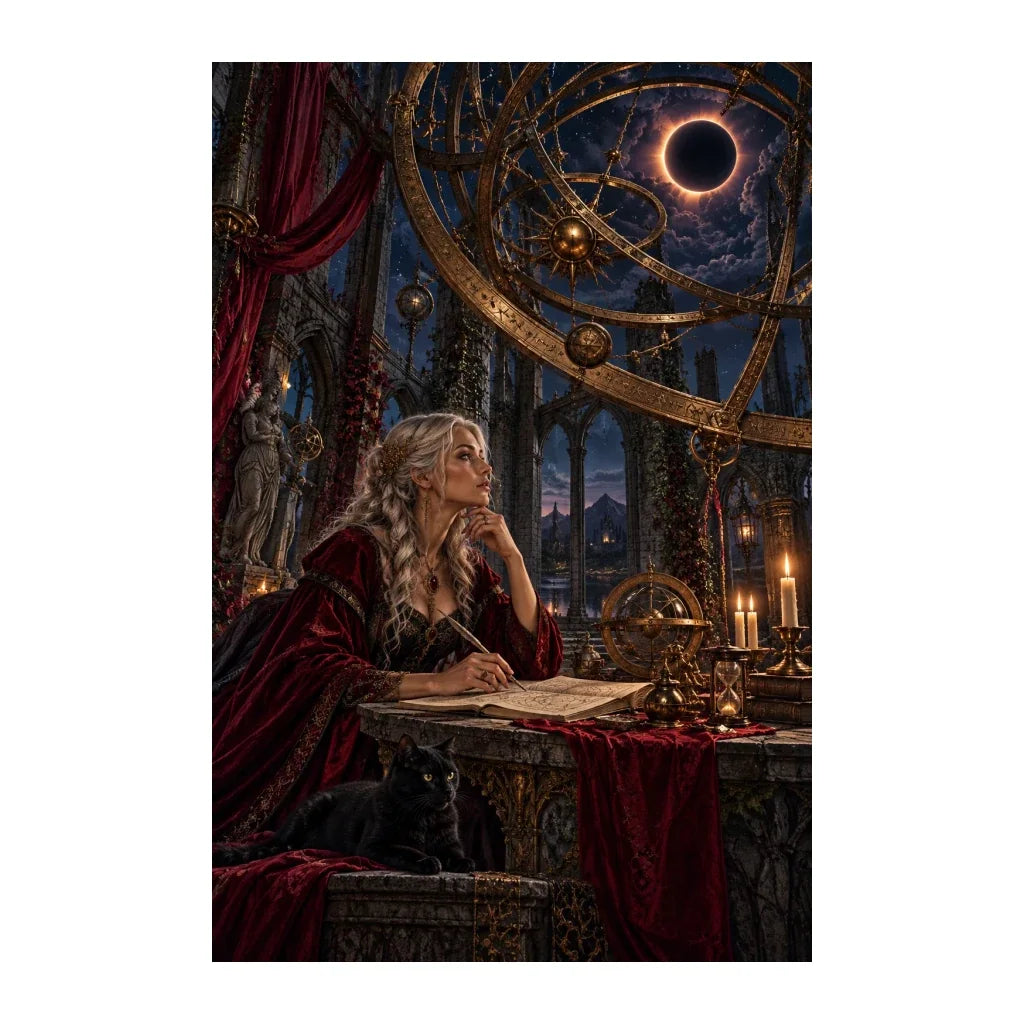 Original illustration of a woman studying an astrolabe beneath an ornate observatory dome, on a white background