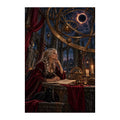 Original illustration of a woman studying an astrolabe beneath an ornate observatory dome, on a white background