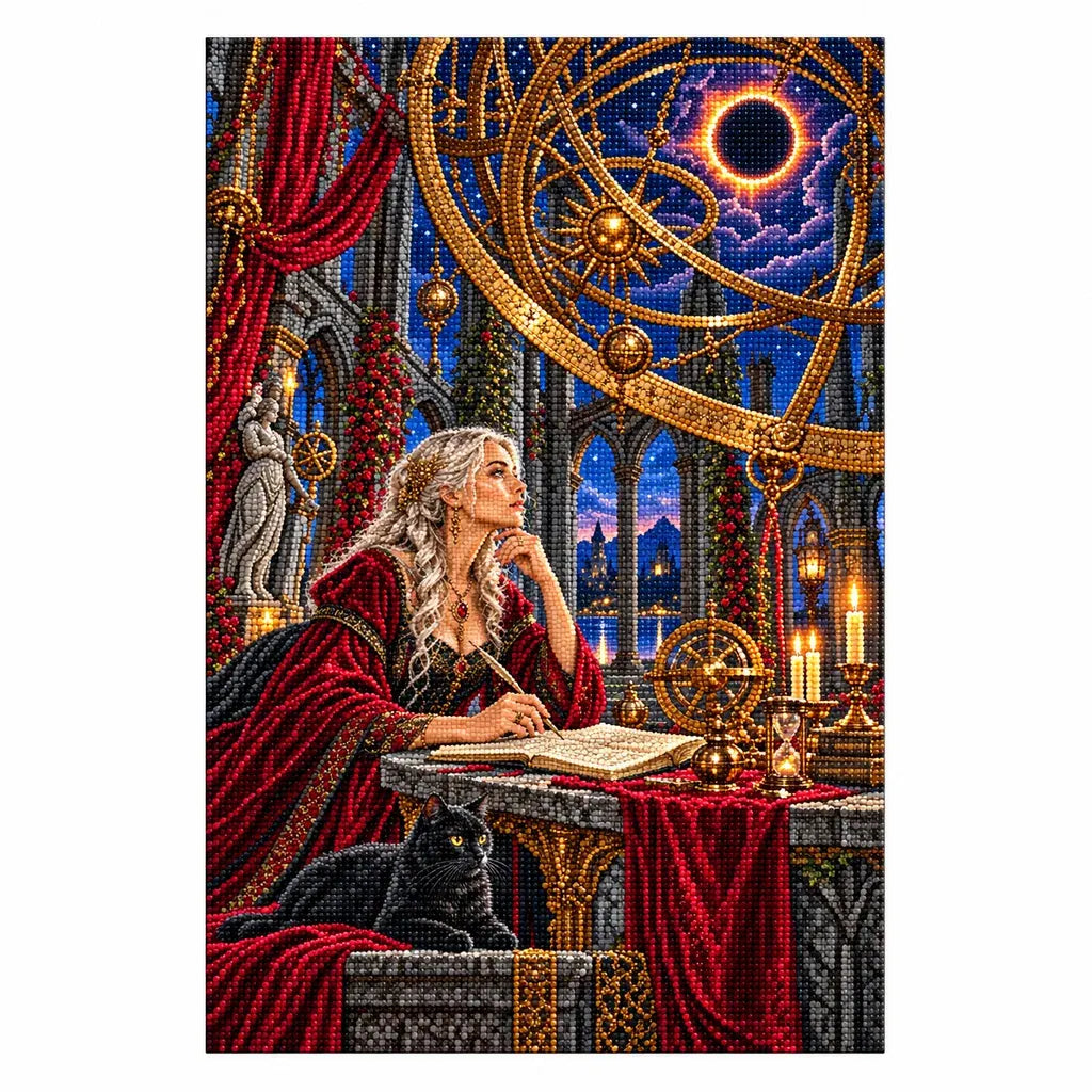 Finished diamond painting of an astronomer with an astrolabe beneath a starry observatory dome