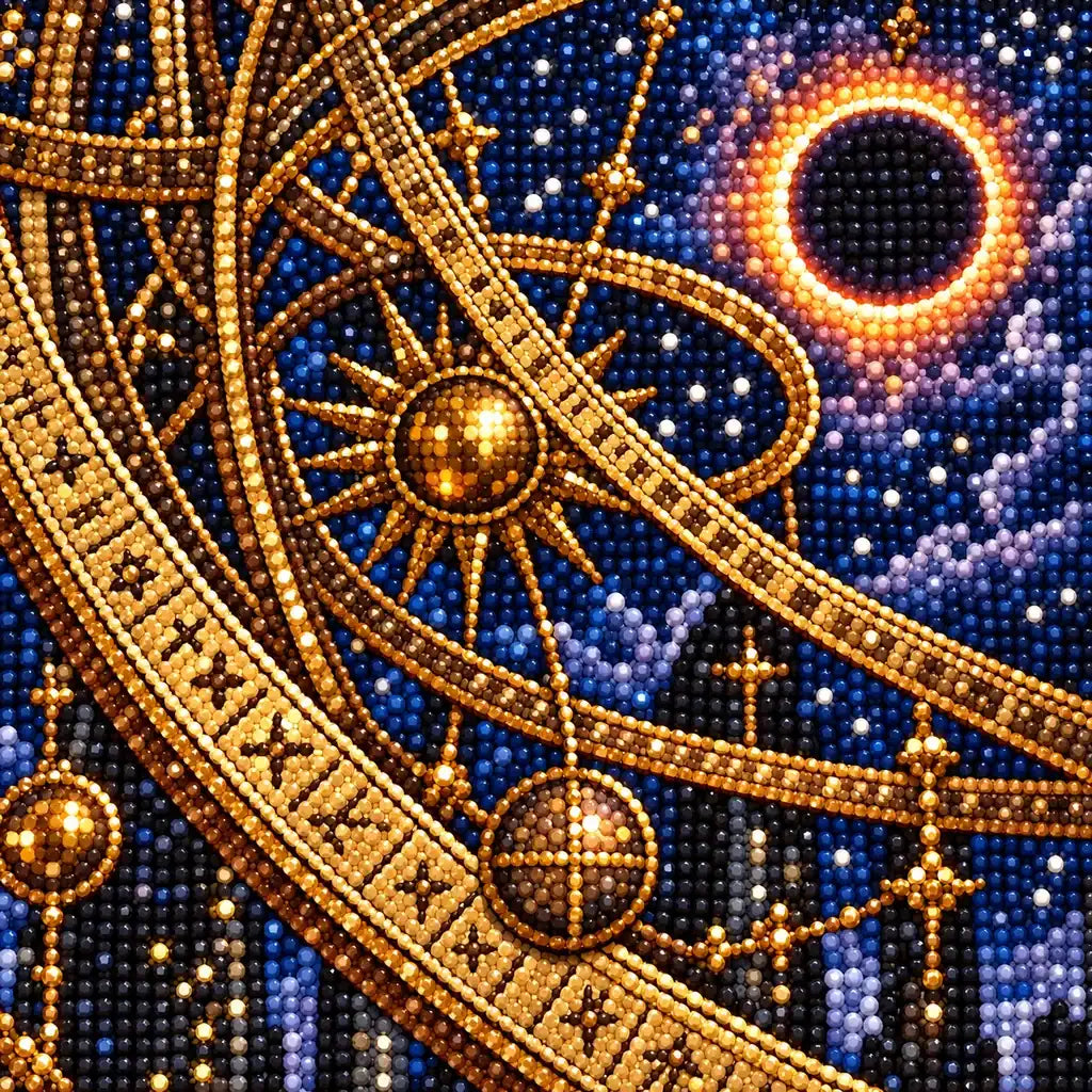 Close-up of the ornate astrolabe and celestial details formed with diamond drills