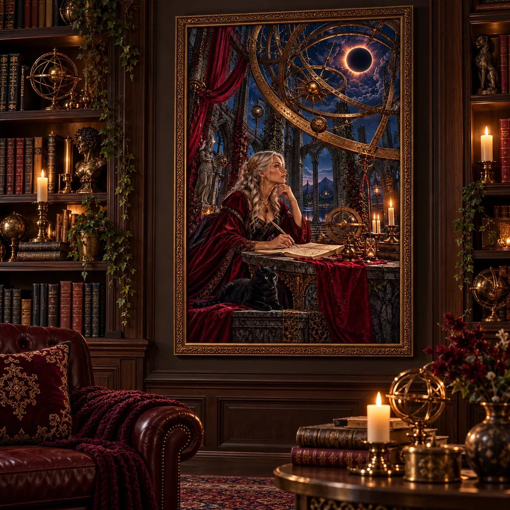 Framed astrolabe observatory diamond painting displayed in a warm home interior