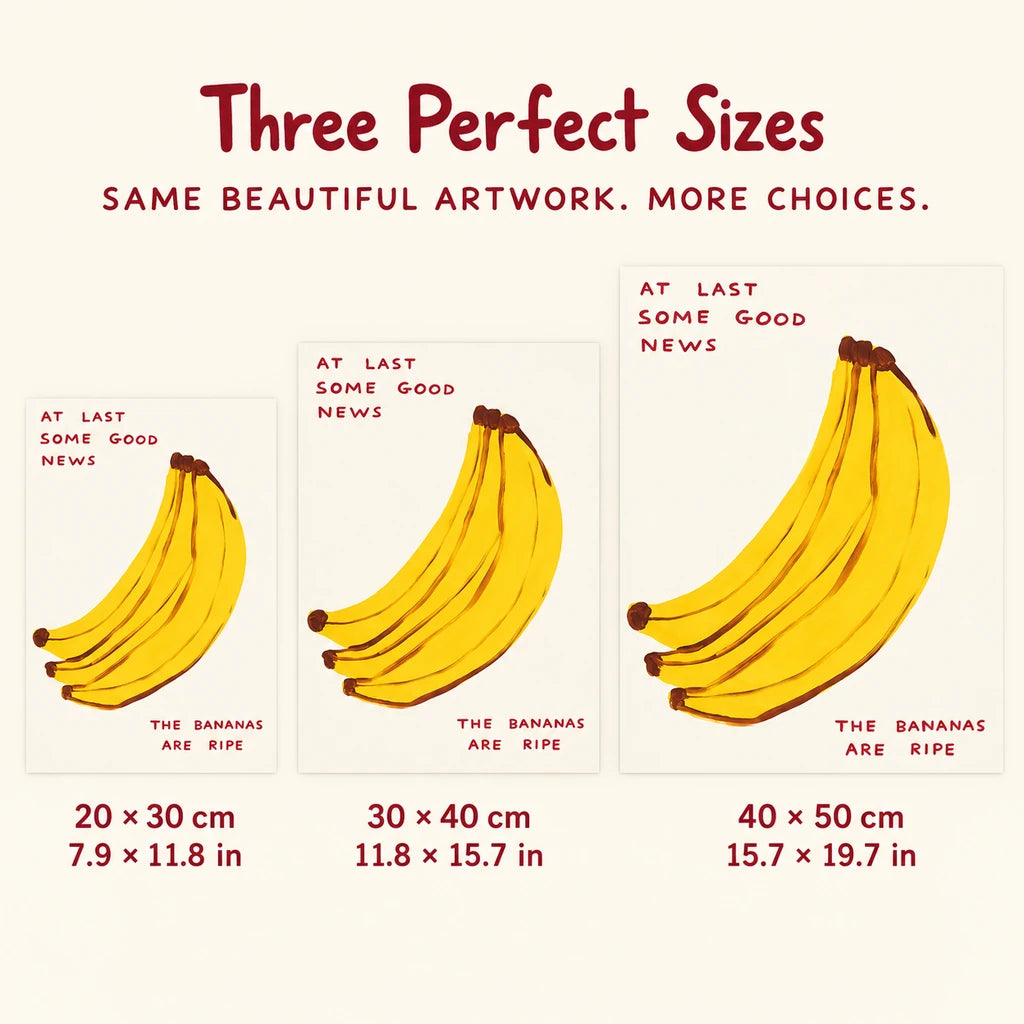 Size guide for At Last Some Good News Banana Diamond Painting Kit: 20 × 30 cm, 30 × 40 cm, and 40 × 50 cm.