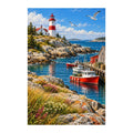 Red lighthouse on a rocky Atlantic coast with boats, seabirds, and coastal flowers — original artwork on white
