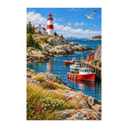Red lighthouse on a rocky Atlantic coast with boats, seabirds, and coastal flowers — original artwork on white