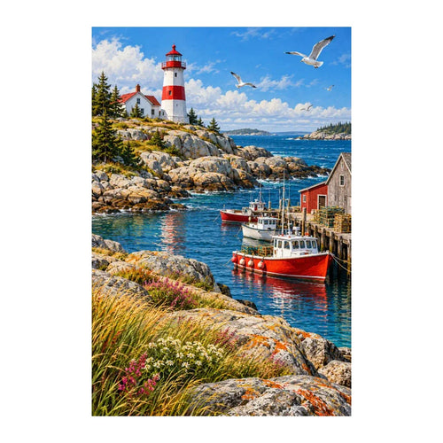 Red lighthouse on a rocky Atlantic coast with boats, seabirds, and coastal flowers — original artwork on white