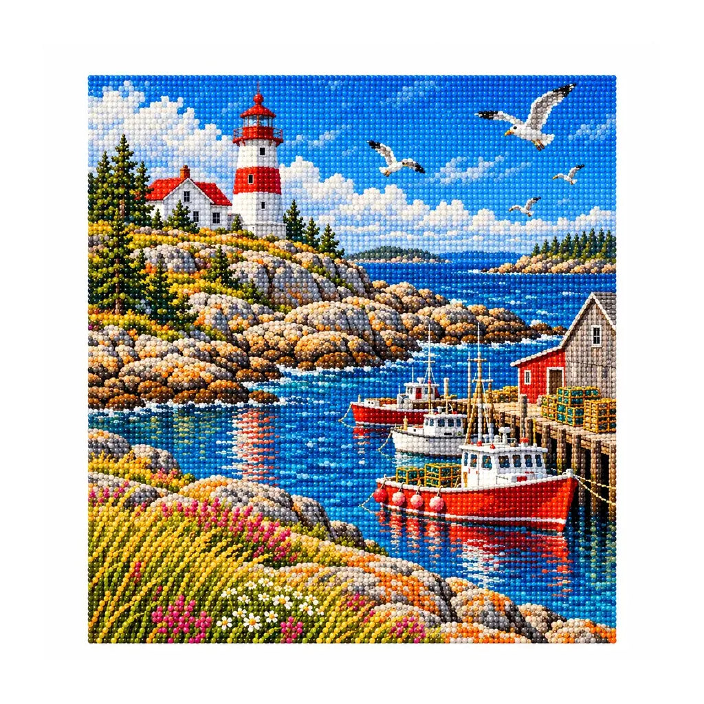 Finished diamond painting of an Atlantic lighthouse and harbor on a white background