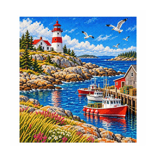 Finished diamond painting of an Atlantic lighthouse and harbor on a white background