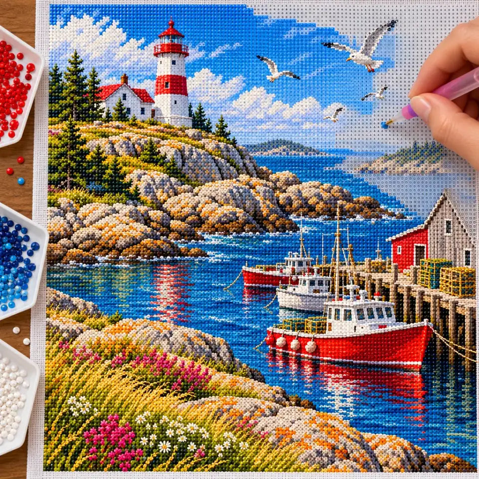 Hands placing diamond drills on the Atlantic lighthouse harbor diamond painting canvas