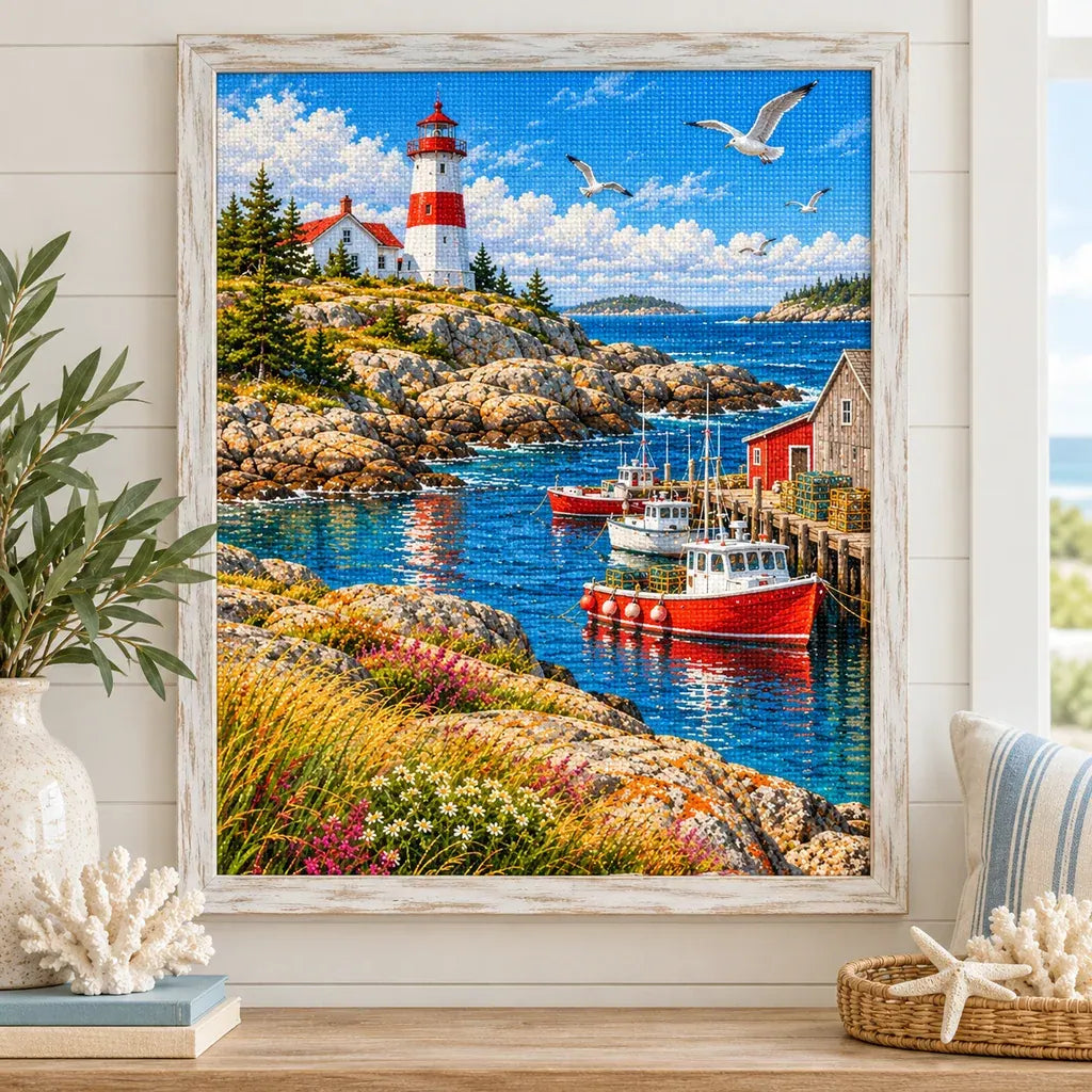 Framed Atlantic lighthouse harbor diamond painting displayed in a home interior