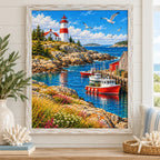 Framed Atlantic lighthouse harbor diamond painting displayed in a home interior