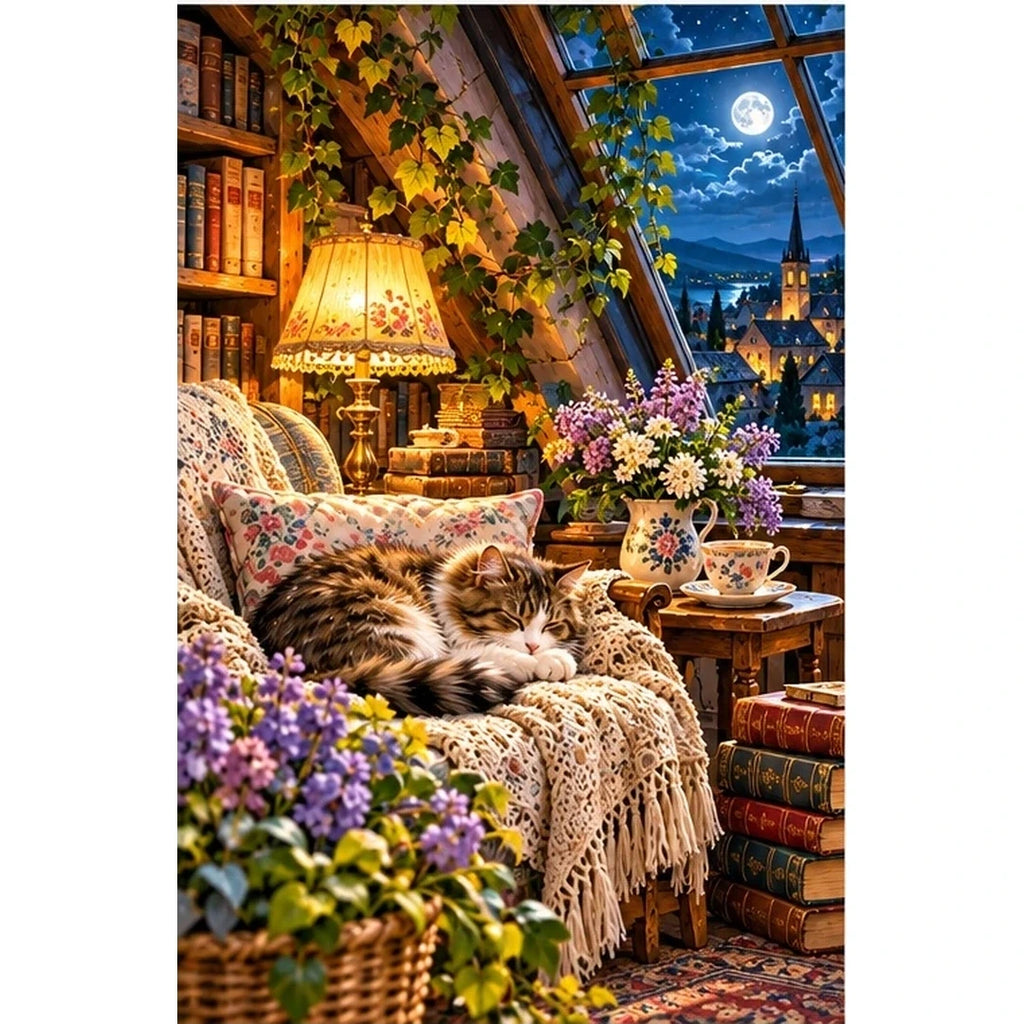 Attic Reading Nook Moonlight — original artwork on a clean white background