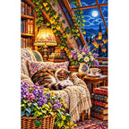 Attic Reading Nook Moonlight — finished diamond painting on a white background