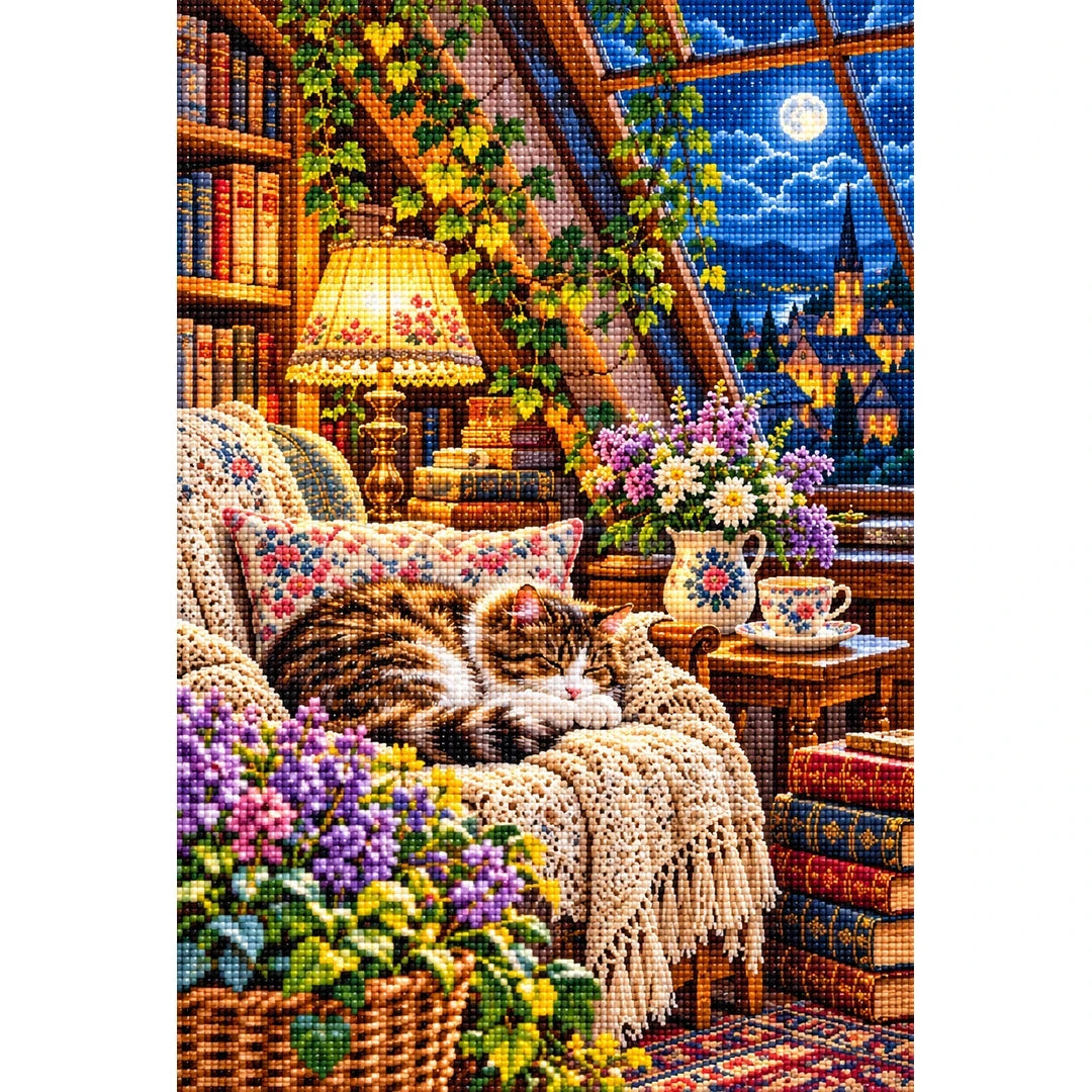 Attic Reading Nook Moonlight — finished diamond painting on a white background
