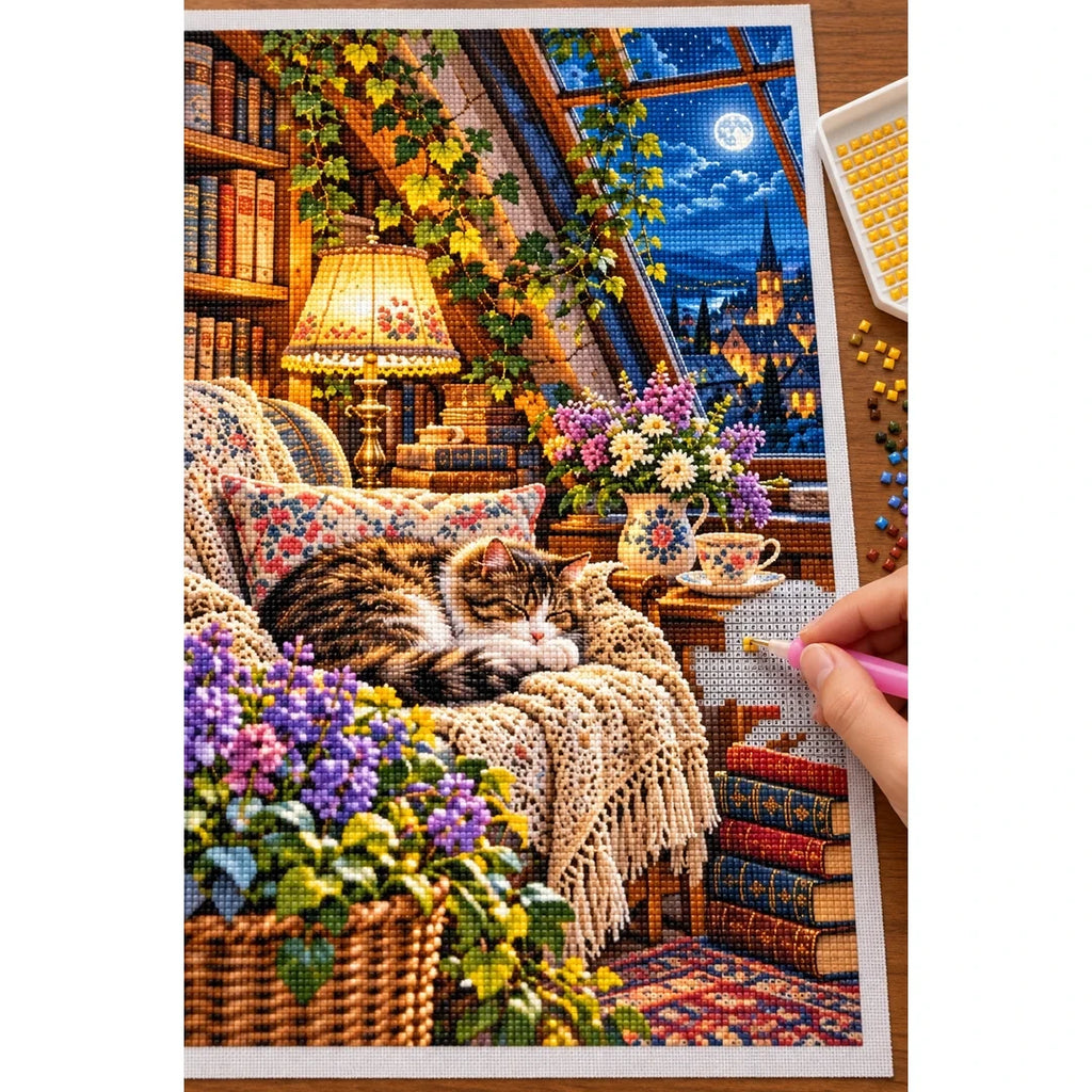 Attic Reading Nook Moonlight — diamond painting process with applicator pen