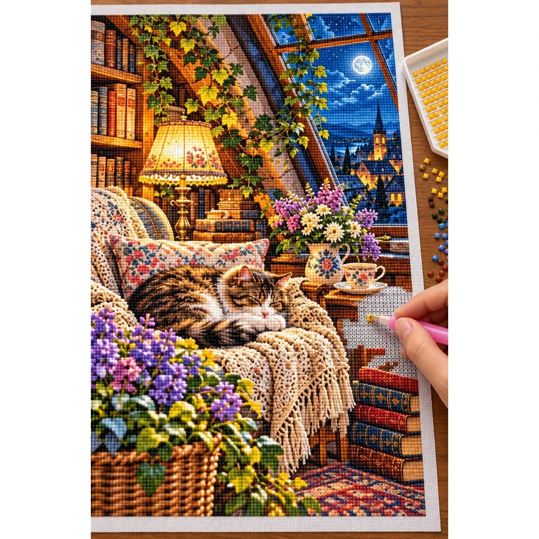 Attic Reading Nook Moonlight — diamond painting process with applicator pen
