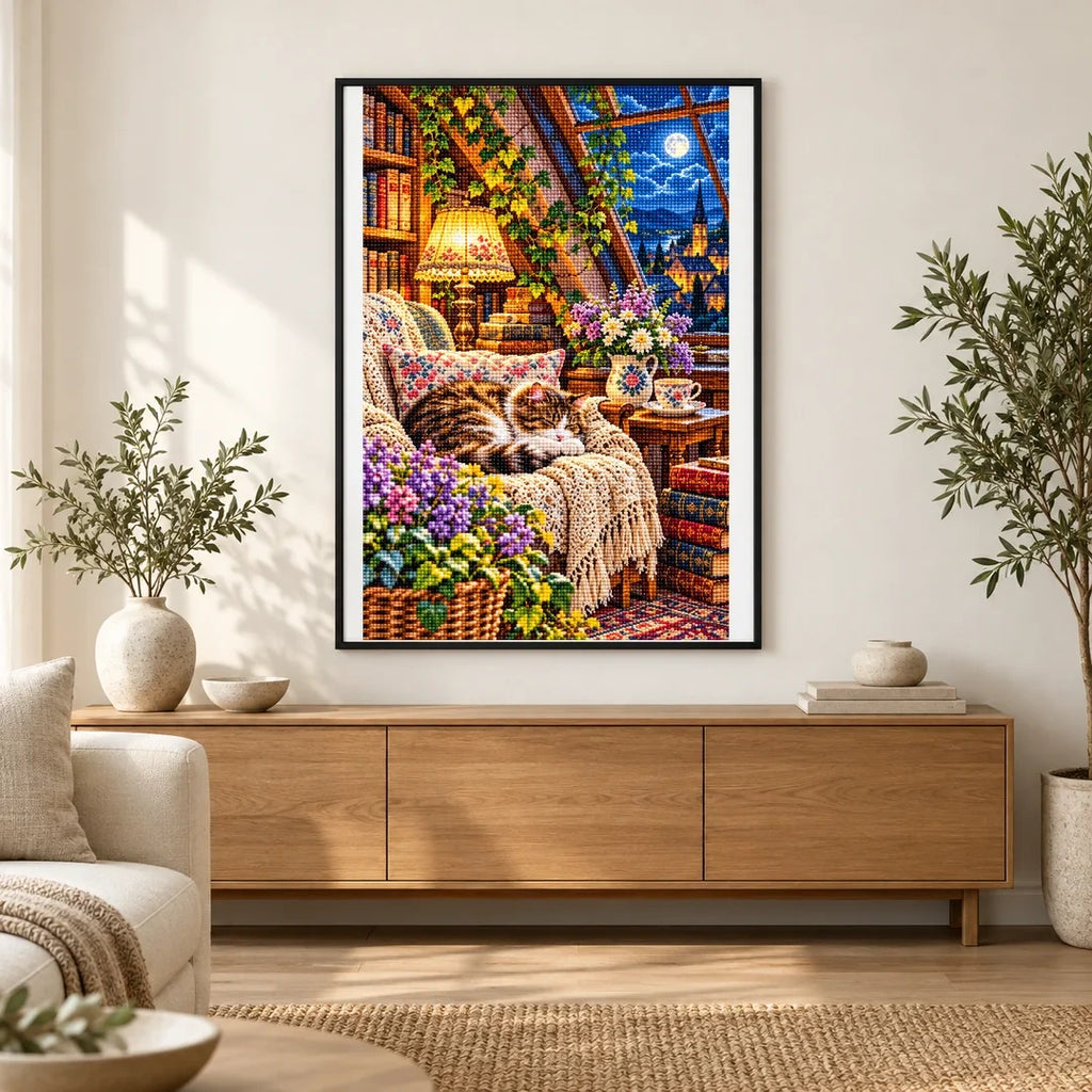 Attic Reading Nook Moonlight — finished diamond painting displayed in a home interior