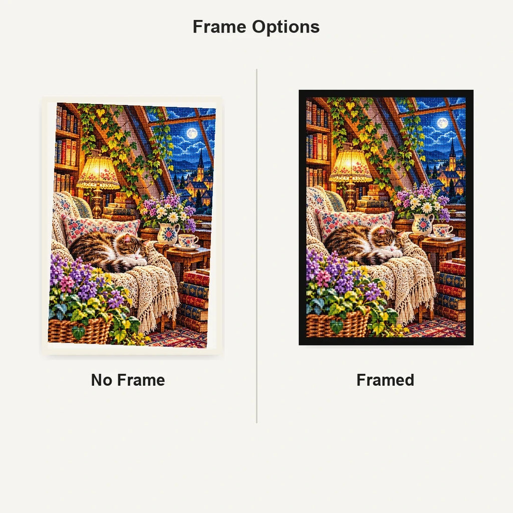 Attic Reading Nook Moonlight — No Frame and Framed style comparison