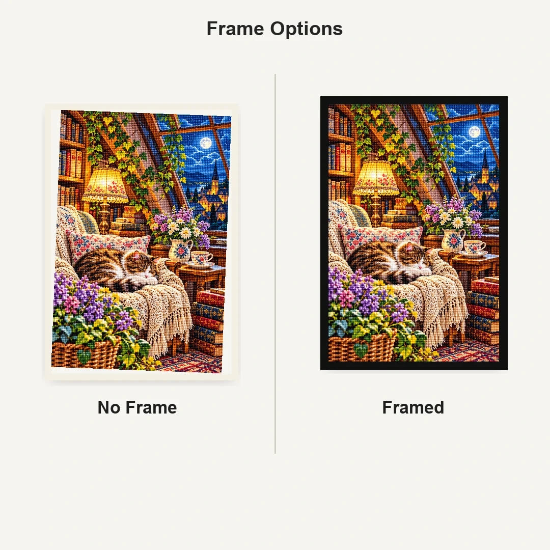 Attic Reading Nook Moonlight — No Frame and Framed style comparison