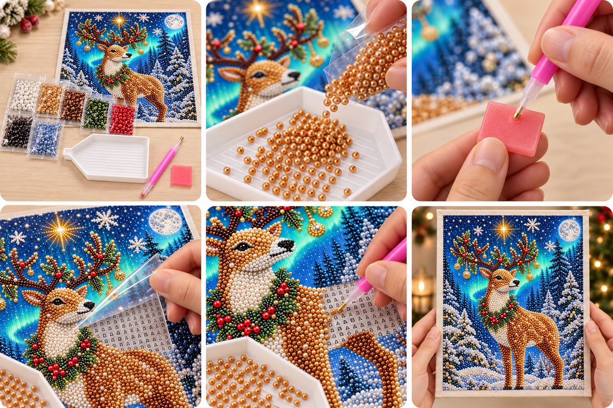Aurora Christmas Reindeer pearl painting kit – six-step tutorial