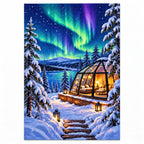 Aurora Glass Cabin Winter finished diamond artwork on white background