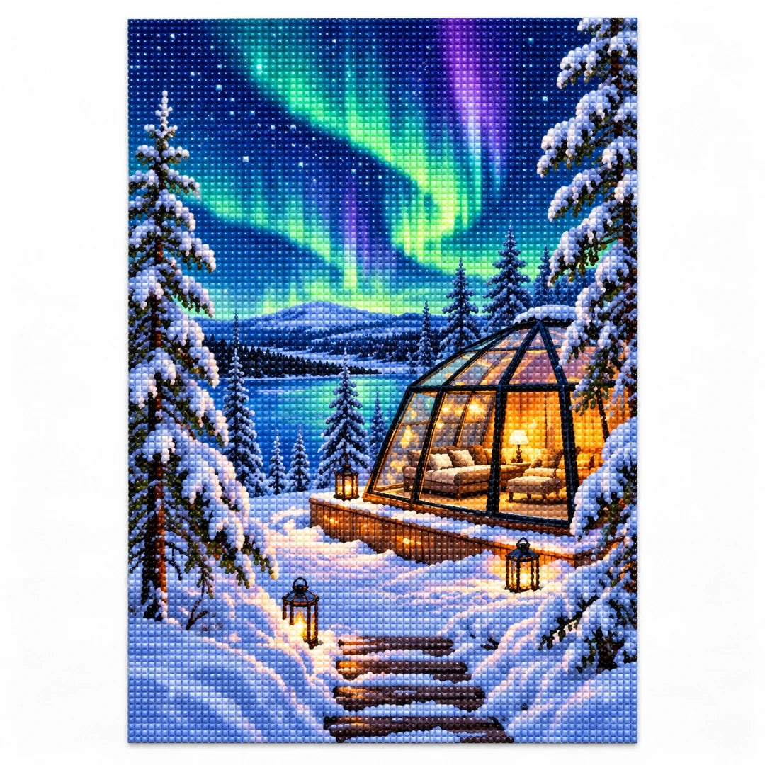 Aurora Glass Cabin Winter finished diamond artwork on white background