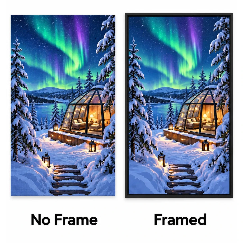 Aurora Glass Cabin Winter No Frame and Framed comparison