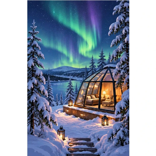 Aurora Glass Cabin Winter original artwork on white background