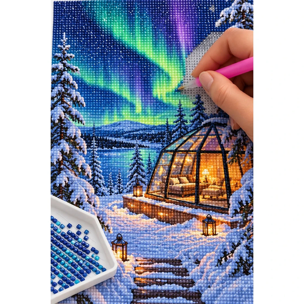 Aurora Glass Cabin Winter diamond placement process