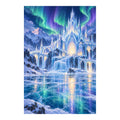 White-background original artwork of a glowing ice palace beneath northern lights reflected across a frozen lake for a diamond painting kit