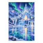 White-background original artwork of a glowing ice palace beneath northern lights reflected across a frozen lake for a diamond painting kit