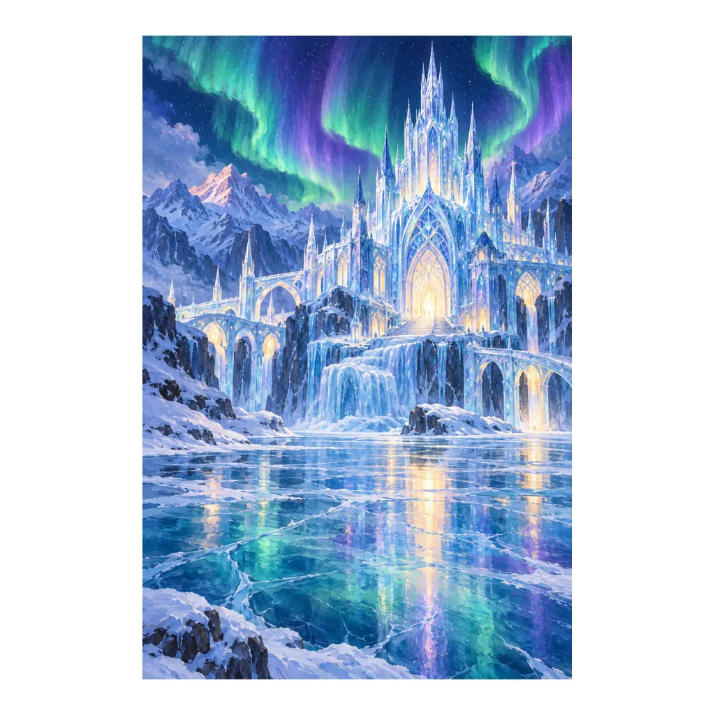 White-background original artwork of a glowing ice palace beneath northern lights reflected across a frozen lake for a diamond painting kit