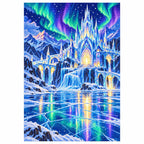 White-background finished diamond painting of a glowing ice palace beneath northern lights reflected across a frozen lake with sparkling drills