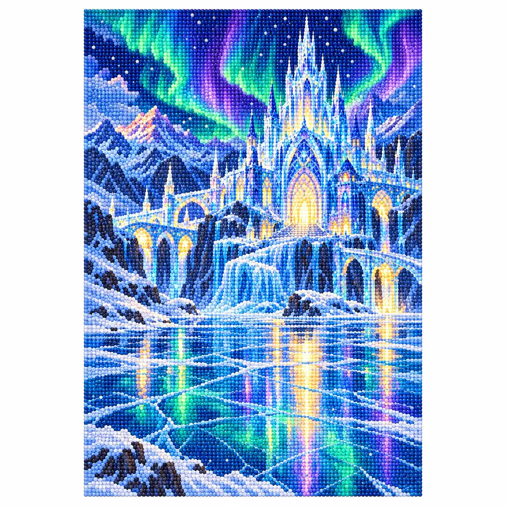 White-background finished diamond painting of a glowing ice palace beneath northern lights reflected across a frozen lake with sparkling drills