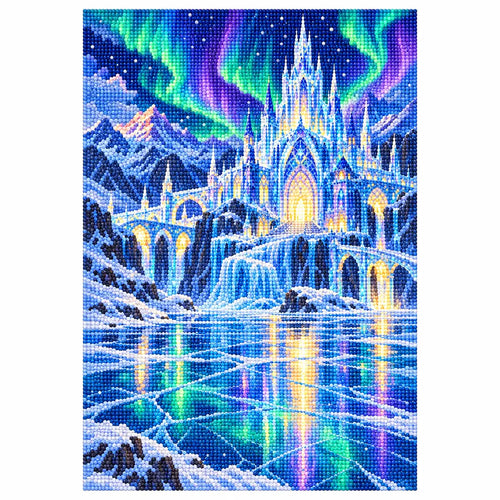 White-background finished diamond painting of a glowing ice palace beneath northern lights reflected across a frozen lake with sparkling drills