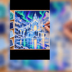 Diamond painting process showing a glowing ice palace beneath northern lights reflected across a frozen lake being completed with a stylus