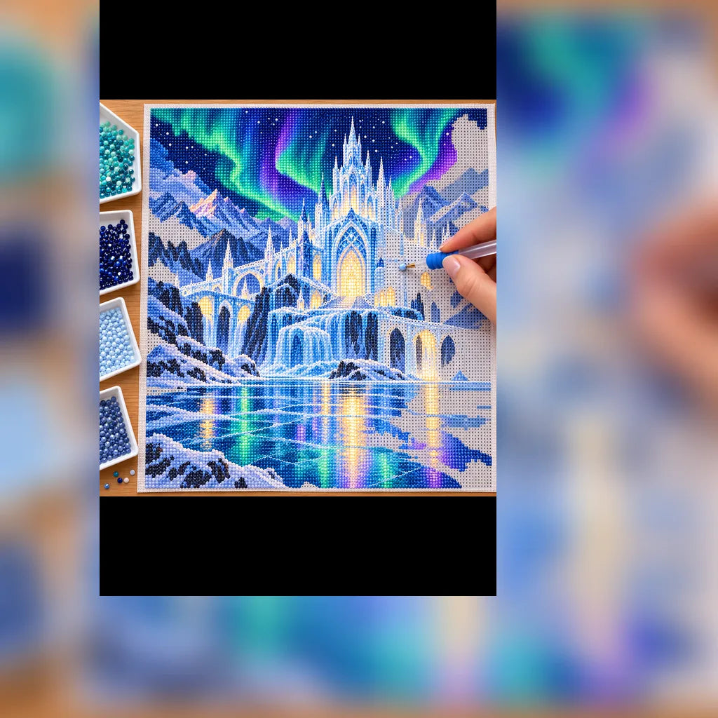 Diamond painting process showing a glowing ice palace beneath northern lights reflected across a frozen lake being completed with a stylus