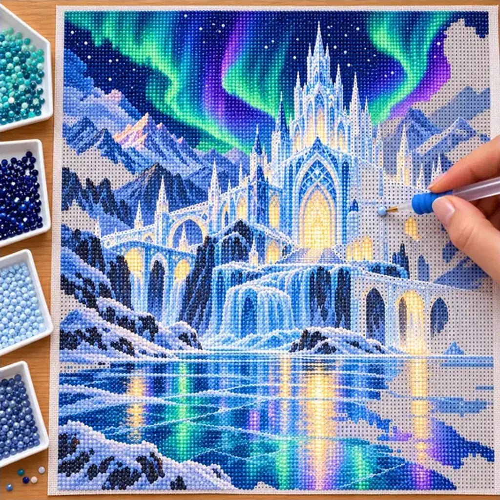 Diamond painting process showing a glowing ice palace beneath northern lights reflected across a frozen lake being completed with a stylus