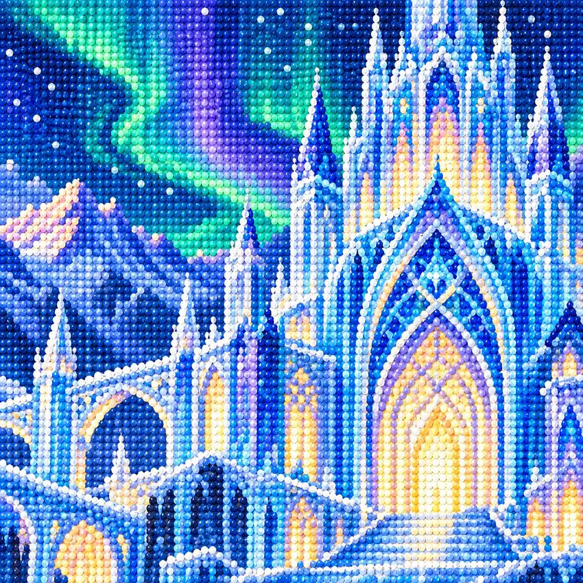Close-up diamond drill detail of a glowing ice palace beneath northern lights reflected across a frozen lake artwork