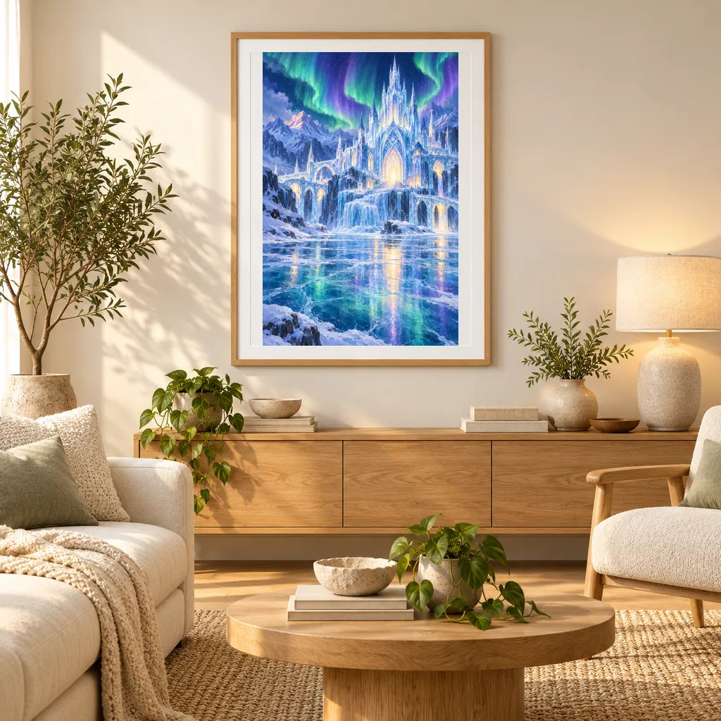 Framed a glowing ice palace beneath northern lights reflected across a frozen lake diamond painting displayed as home decor